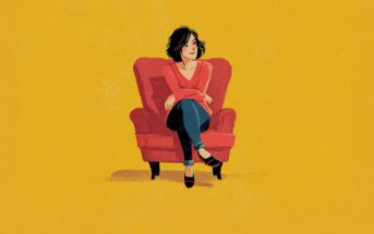 Illustration of a woman with short dark hair sitting cross-legged on a red armchair, wearing a red top, jeans, and black shoes, against a plain yellow background.