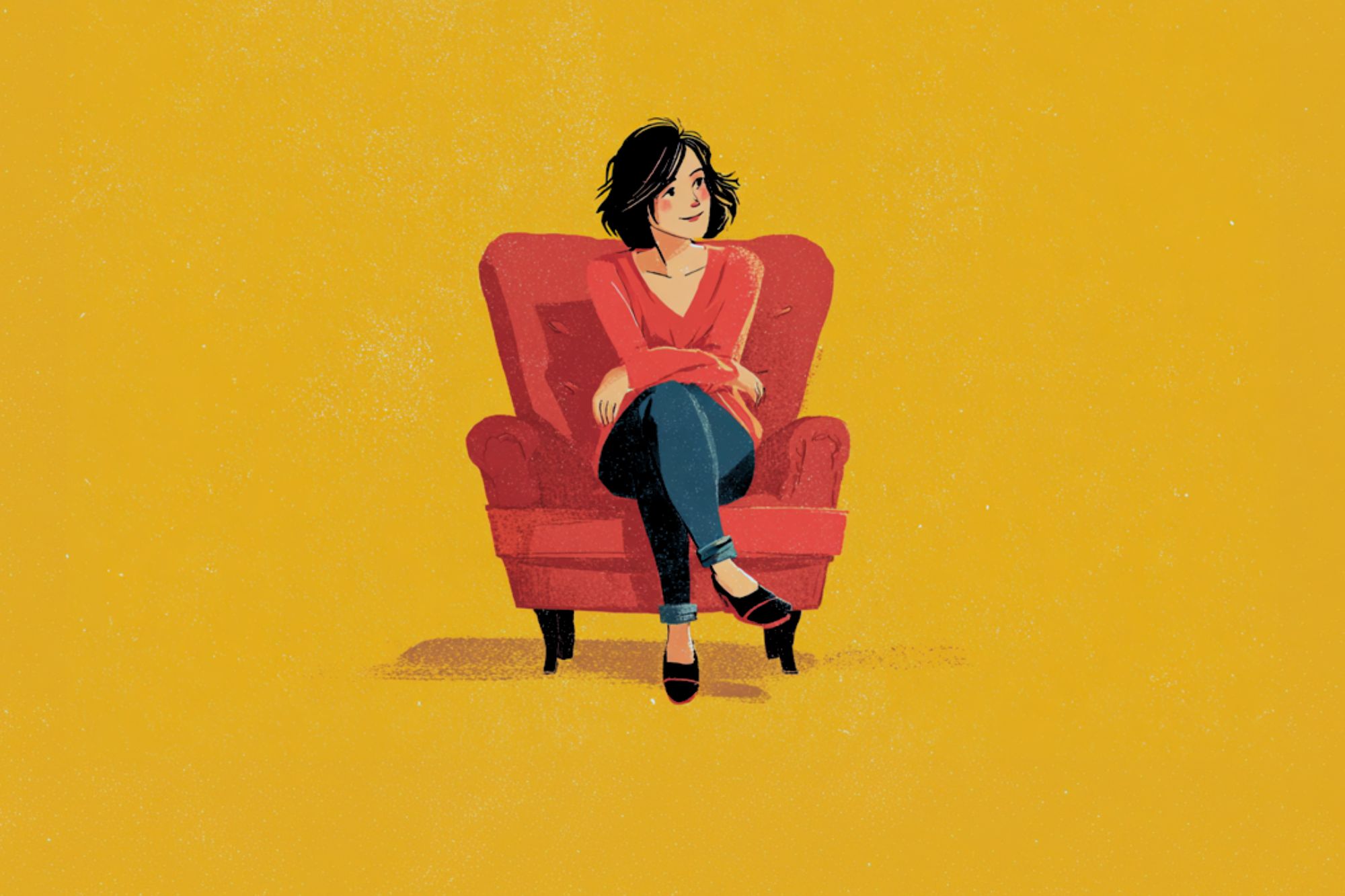 Illustration of a woman with short dark hair sitting cross-legged on a red armchair, wearing a red top, jeans, and black shoes, against a plain yellow background.