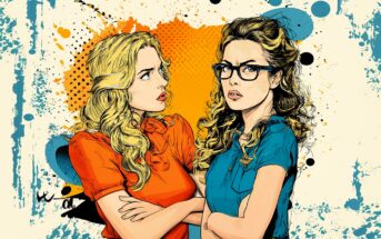 Two women with wavy blonde hair stand close together, facing each other. One wears glasses and a blue shirt, looking serious with arms crossed. The other, in an orange shirt, looks at her with concern. Abstract colorful background.