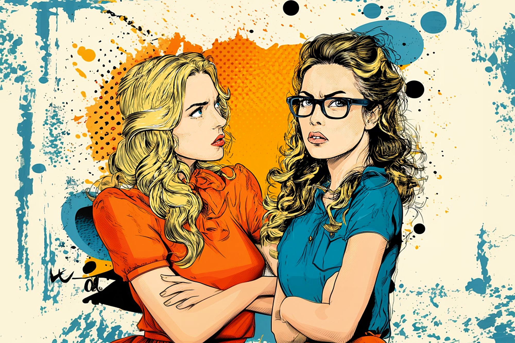 Two women with wavy blonde hair stand close together, facing each other. One wears glasses and a blue shirt, looking serious with arms crossed. The other, in an orange shirt, looks at her with concern. Abstract colorful background.