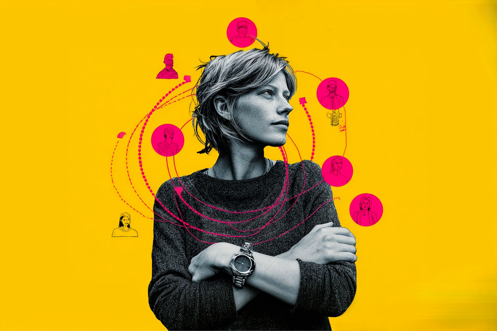 A woman stands with arms crossed against a bright yellow background, surrounded by illustrated pink circles connected by lines, each containing simplified portraits of different people.