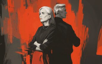 Illustration of a woman and a man standing back-to-back with serious expressions. The background features bold red and dark abstract brushstrokes, creating a dramatic and intense atmosphere.