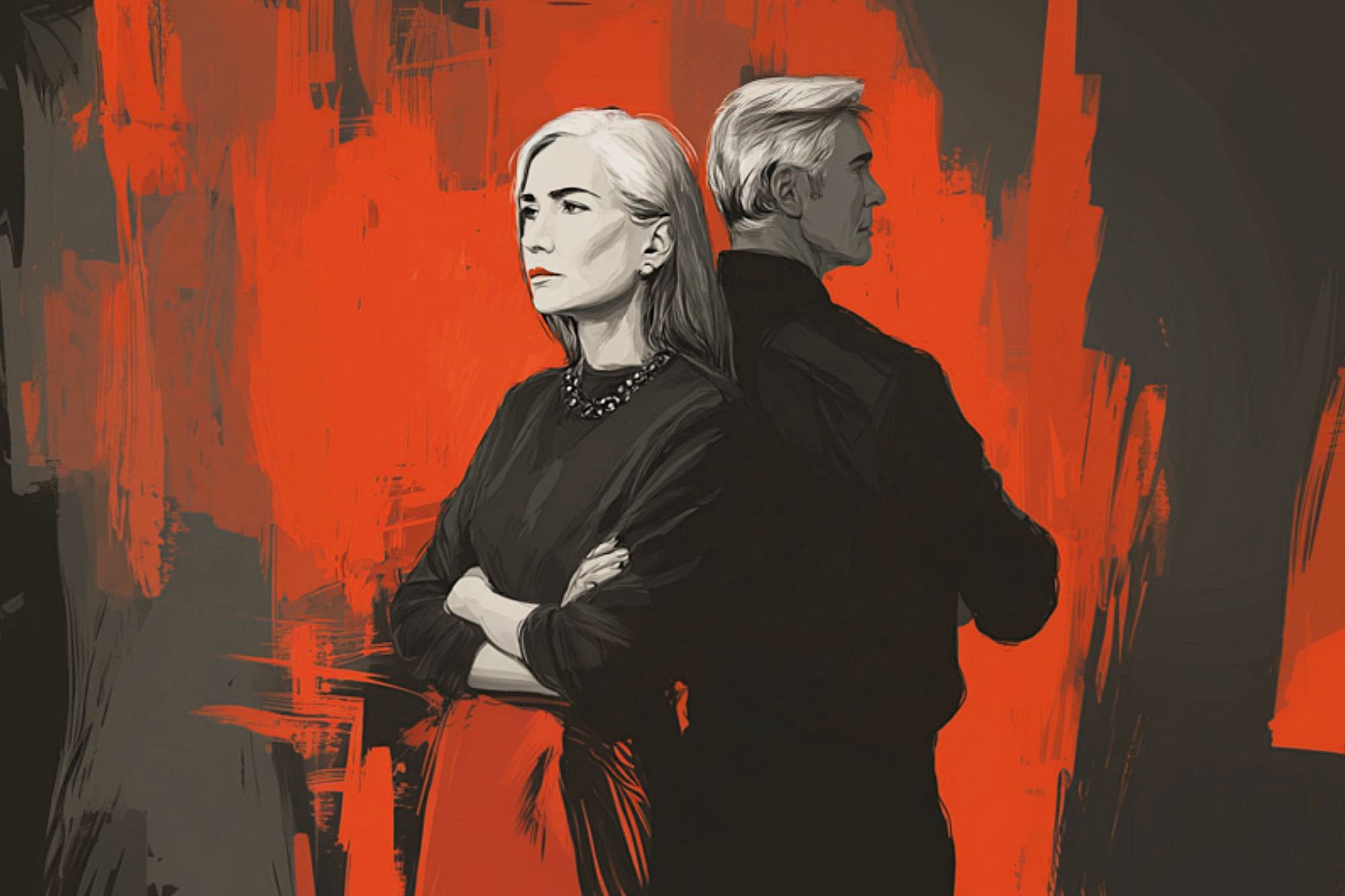 Illustration of a woman and a man standing back-to-back with serious expressions. The background features bold red and dark abstract brushstrokes, creating a dramatic and intense atmosphere.