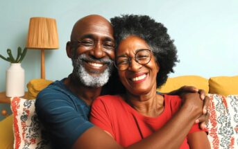 An older couple sits closely on a couch, smiling warmly and embracing each other. They appear happy and relaxed, with bright, cheerful expressions in a cozy, well-lit living room.