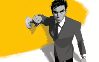 A serious man in a suit stands against a yellow background, holding a door handle as if about to open a door, depicted in a stylized, high-contrast digital illustration.