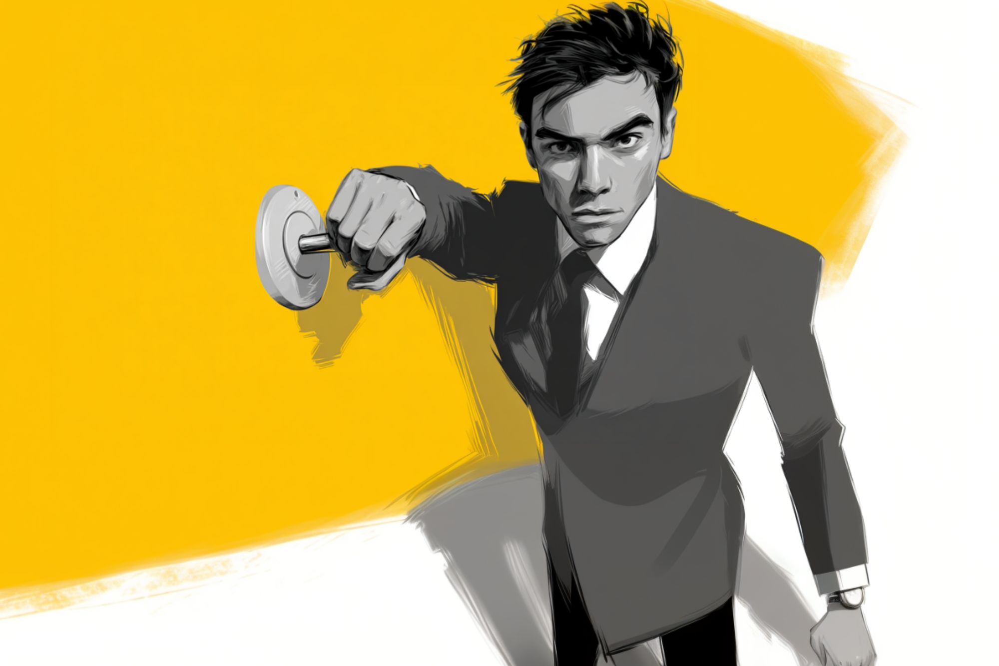 A serious man in a suit stands against a yellow background, holding a door handle as if about to open a door, depicted in a stylized, high-contrast digital illustration.
