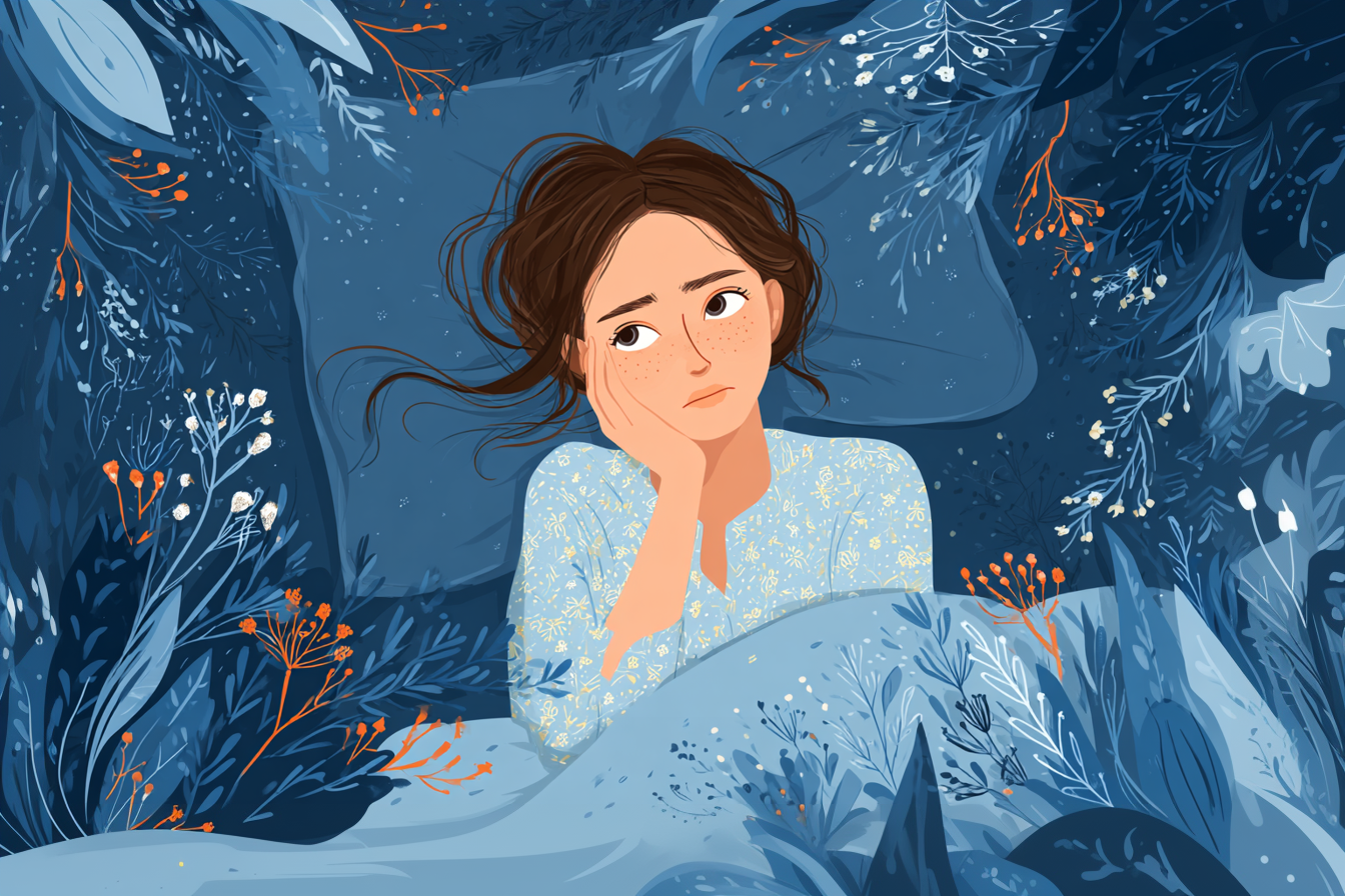 A young woman with brown hair lies in bed, resting her head on one hand and looking up thoughtfully. She is surrounded by dark blue bedding and floral patterns, creating a calm, dreamy atmosphere.