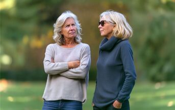 Two older women stand outdoors, one crossing her arms and looking concerned, while the other wears sunglasses and a blue sweater, looking away. The background is blurred greenery.