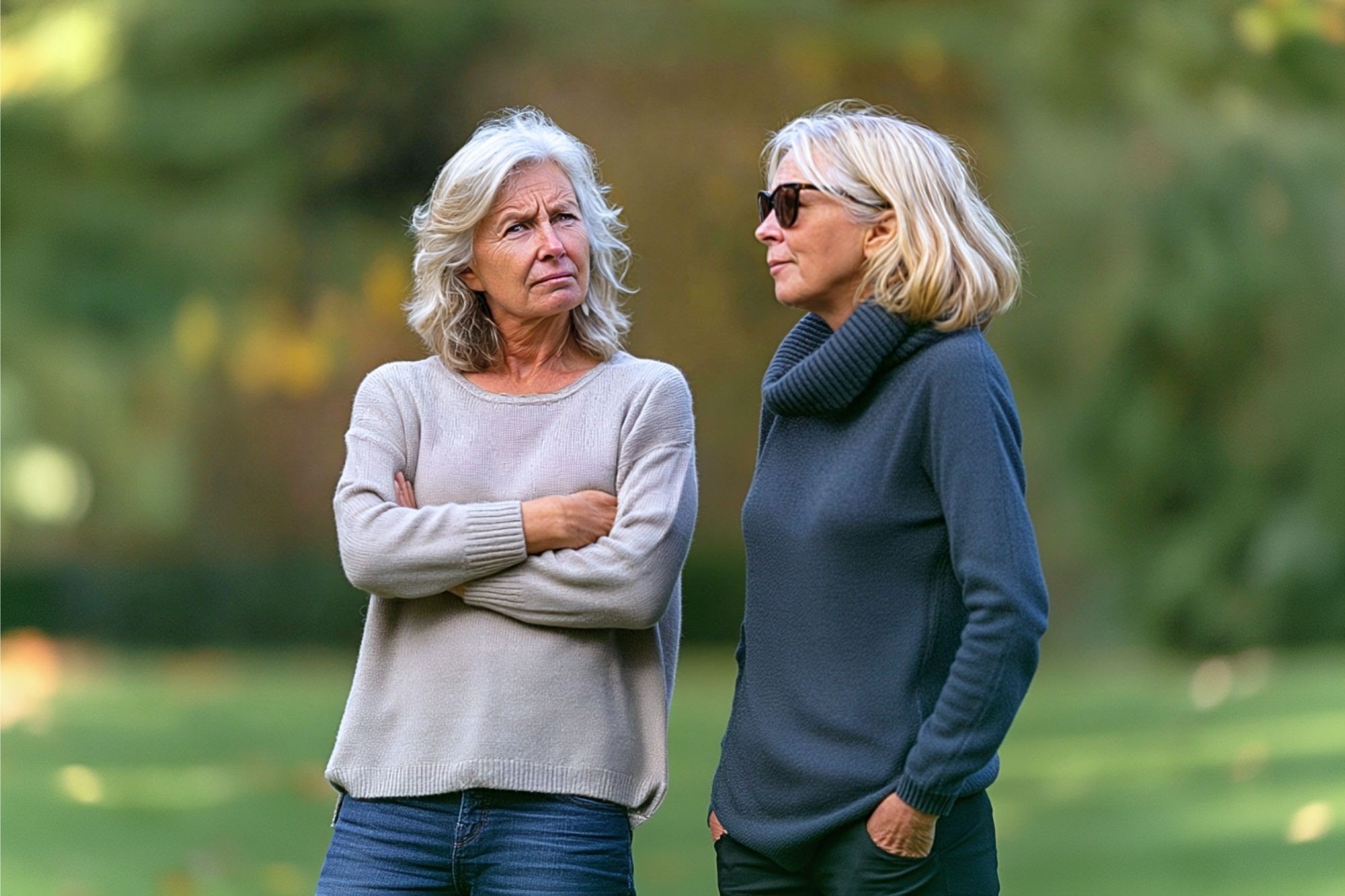 Two older women stand outdoors, one crossing her arms and looking concerned, while the other wears sunglasses and a blue sweater, looking away. The background is blurred greenery.