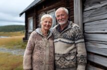 An elderly couple, both wearing patterned wool sweaters, stand close together and smile in front of a rustic wooden cabin on a grassy landscape with trees in the background.