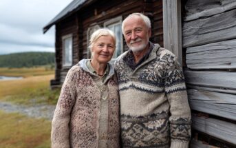 An elderly couple, both wearing patterned wool sweaters, stand close together and smile in front of a rustic wooden cabin on a grassy landscape with trees in the background.