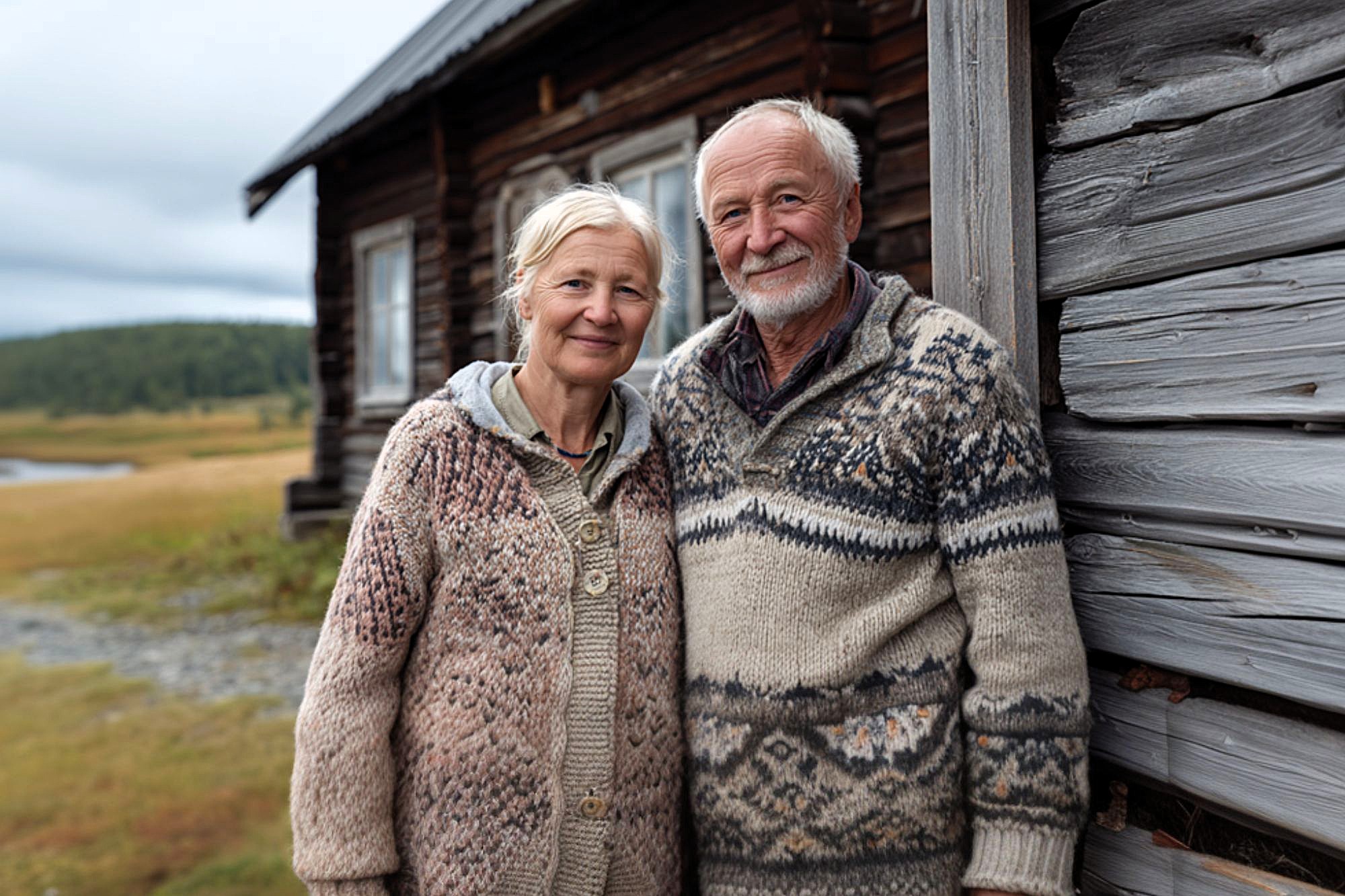 An elderly couple, both wearing patterned wool sweaters, stand close together and smile in front of a rustic wooden cabin on a grassy landscape with trees in the background.