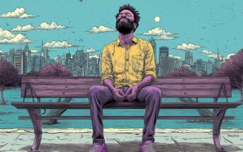 A man with a beard and curly hair sits smiling on a park bench, wearing a yellow shirt and purple sneakers. Behind him is a city skyline under a vibrant, cloudy sky with trees and birds.