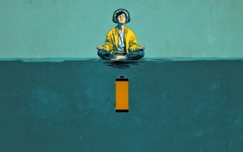 A person wearing headphones and a yellow jacket meditates cross-legged above water, with a partially charged battery icon below, symbolizing recharging or restoring energy.