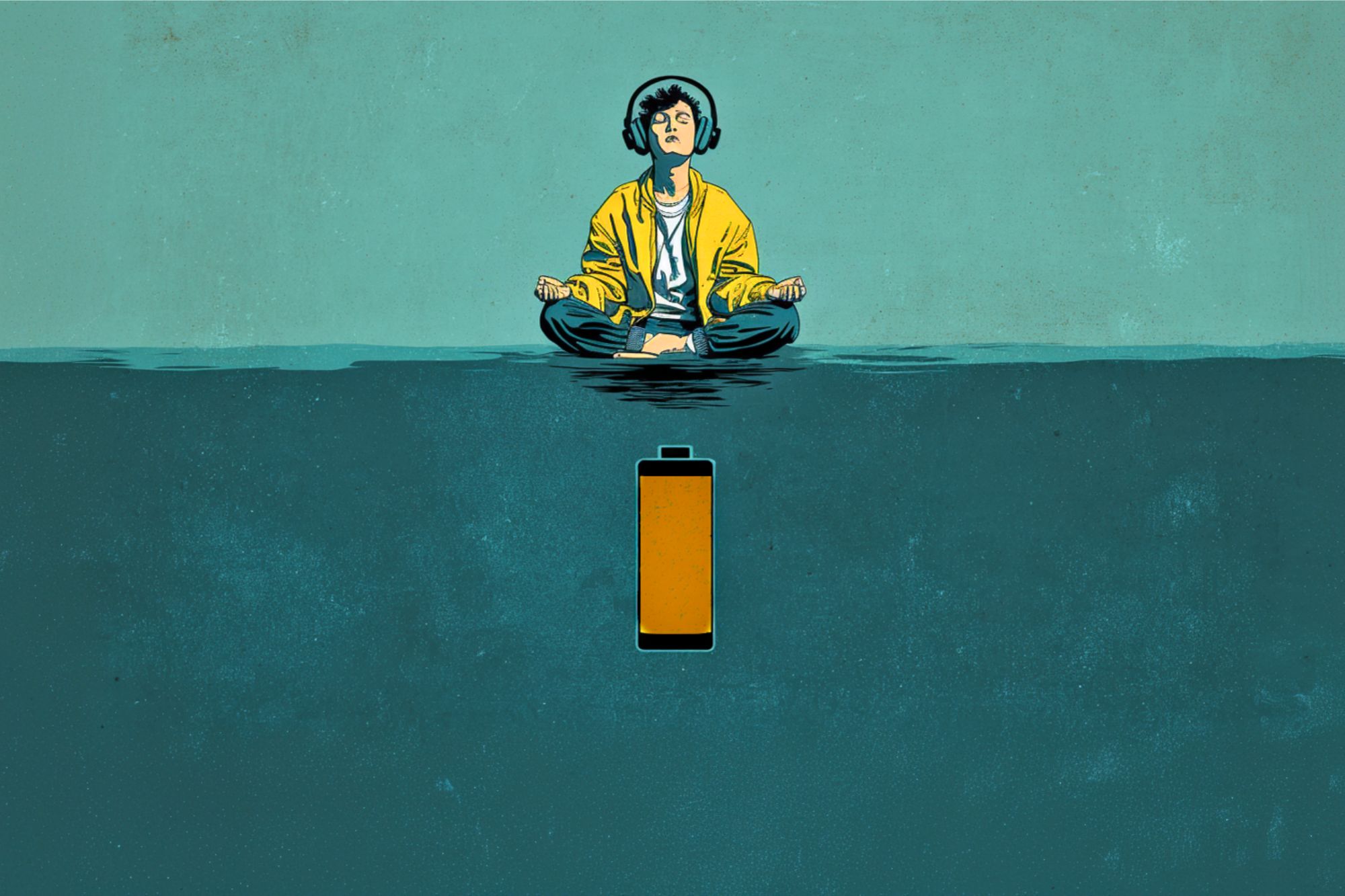 A person wearing headphones and a yellow jacket meditates cross-legged above water, with a partially charged battery icon below, symbolizing recharging or restoring energy.