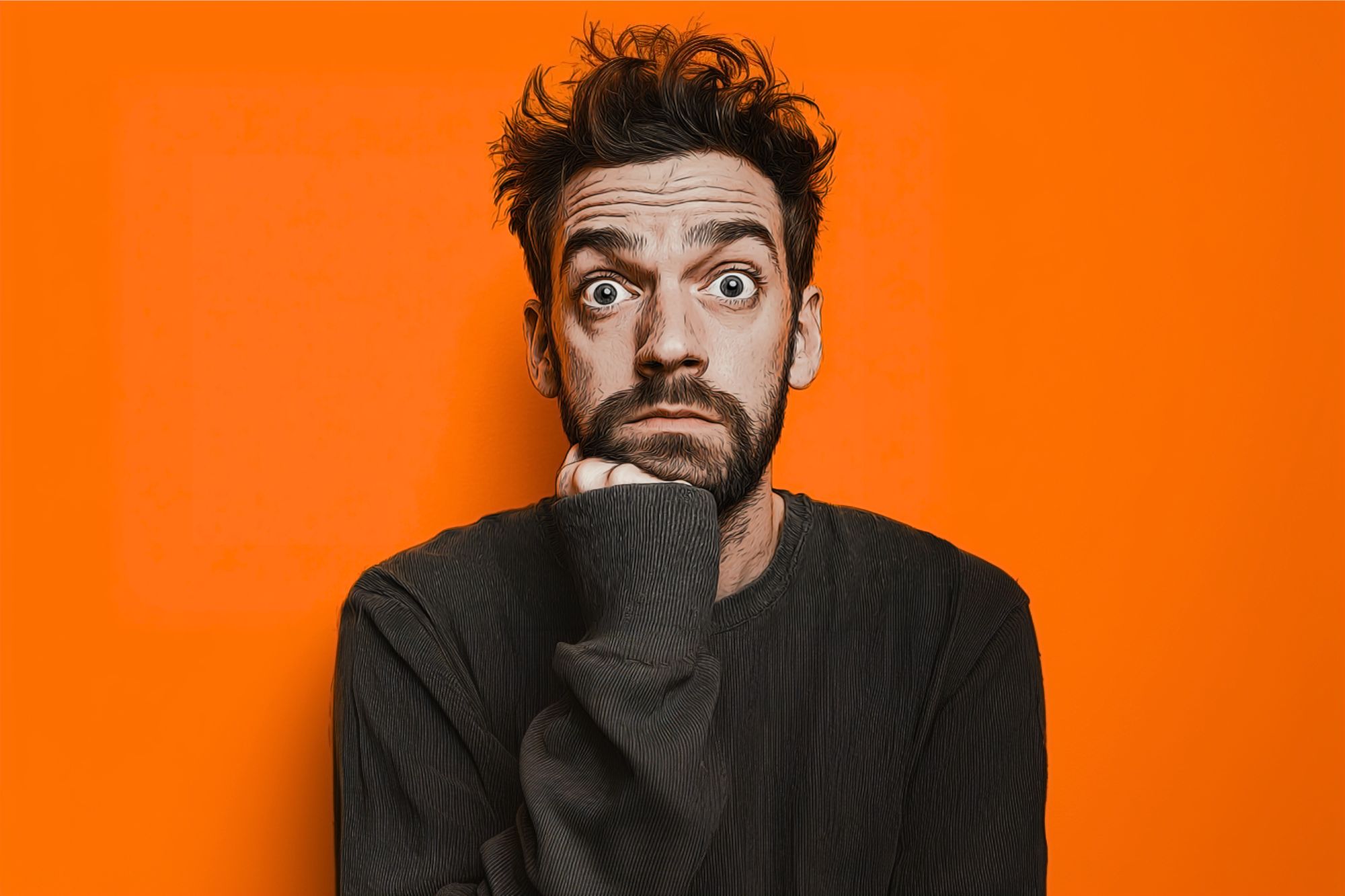 A man with messy hair and a beard, wearing a dark shirt, rests his chin on his hand while staring wide-eyed at the camera against a bright orange background.