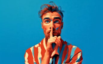 A stylized digital illustration of a man with blue eyes and tousled hair, wearing a red, blue, and white striped shirt, holding his finger to his lips in a "shh" gesture against a blue background.