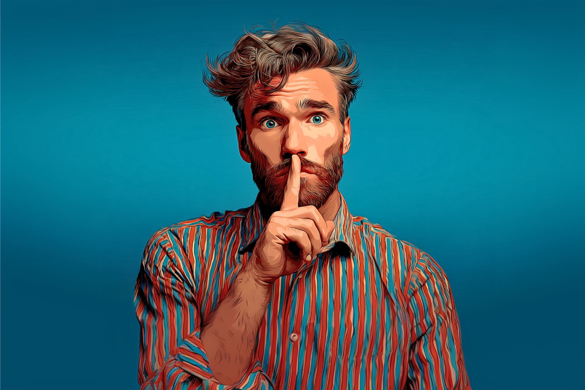 A man with tousled hair and a beard, wearing a colorful striped shirt, holds his index finger to his lips in a “shh” gesture against a blue background. The image has a digital, stylized effect.