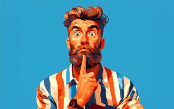 A colorful, stylized illustration of a bearded man wearing a striped shirt, holding his finger to his lips as if saying "shh," with a surprised expression against a solid blue background.