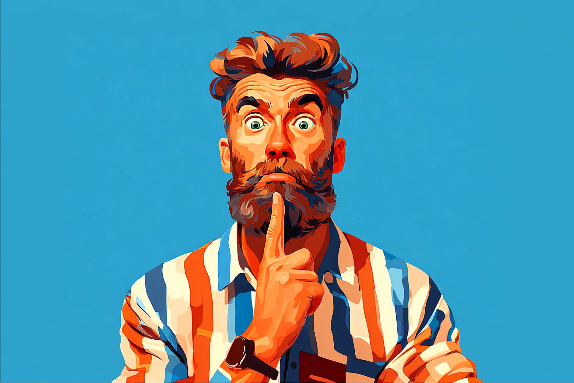 A colorful, stylized illustration of a bearded man wearing a striped shirt, holding his finger to his lips as if saying "shh," with a surprised expression against a solid blue background.
