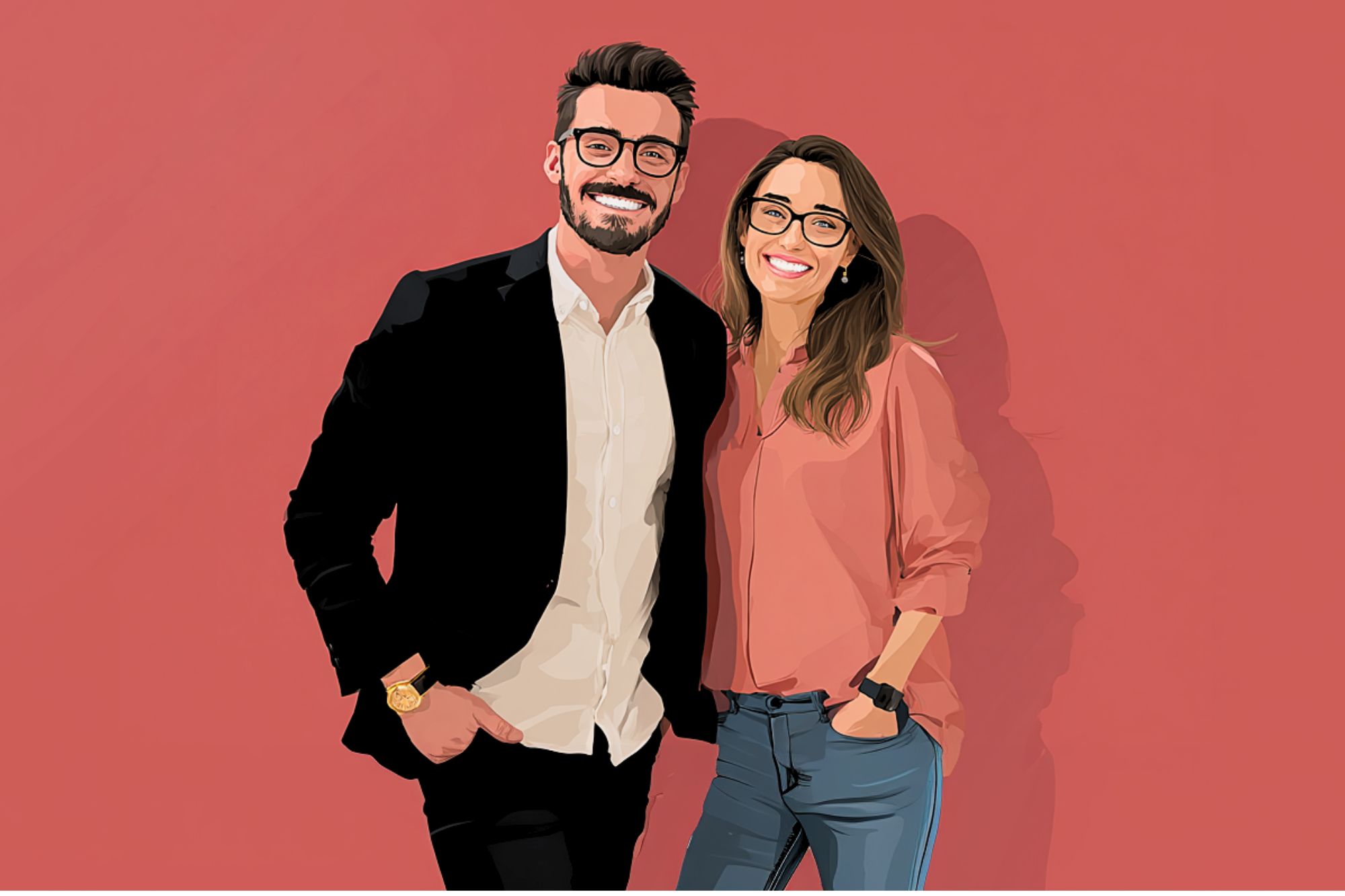 An illustrated image of a smiling man in a black suit and a woman in a pink blouse and jeans, both wearing glasses, standing together against a solid pink background.