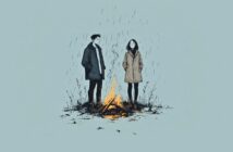 Two people wearing coats stand around a small campfire in the rain. The fire glows warmly despite the falling raindrops, while the background is minimal and light blue.