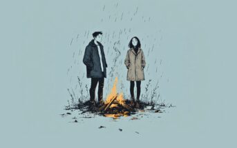 Two people wearing coats stand around a small campfire in the rain. The fire glows warmly despite the falling raindrops, while the background is minimal and light blue.