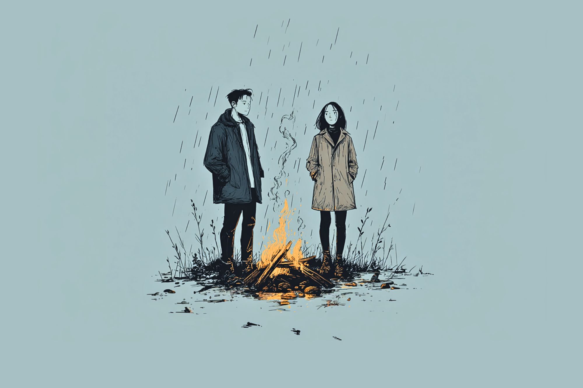 Two people wearing coats stand around a small campfire in the rain. The fire glows warmly despite the falling raindrops, while the background is minimal and light blue.