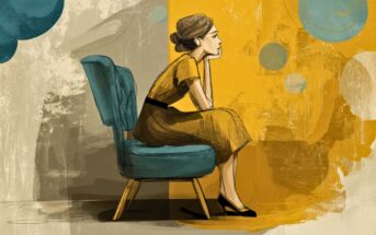 Illustration of a pensive woman in a yellow dress sitting on a teal chair, resting her chin on her hand, set against an abstract background with yellow, blue, and beige tones and geometric shapes.