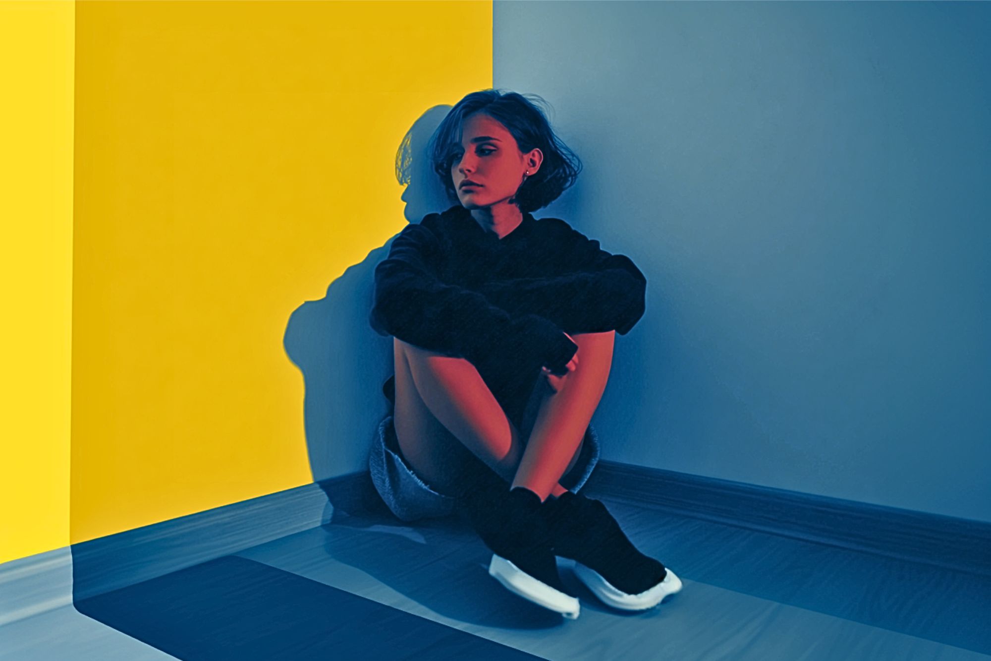 A woman with short hair sits on the floor in a corner, hugging her knees. Blue and yellow lighting divides the walls and floor, casting dramatic shadows and creating a moody, artistic atmosphere.