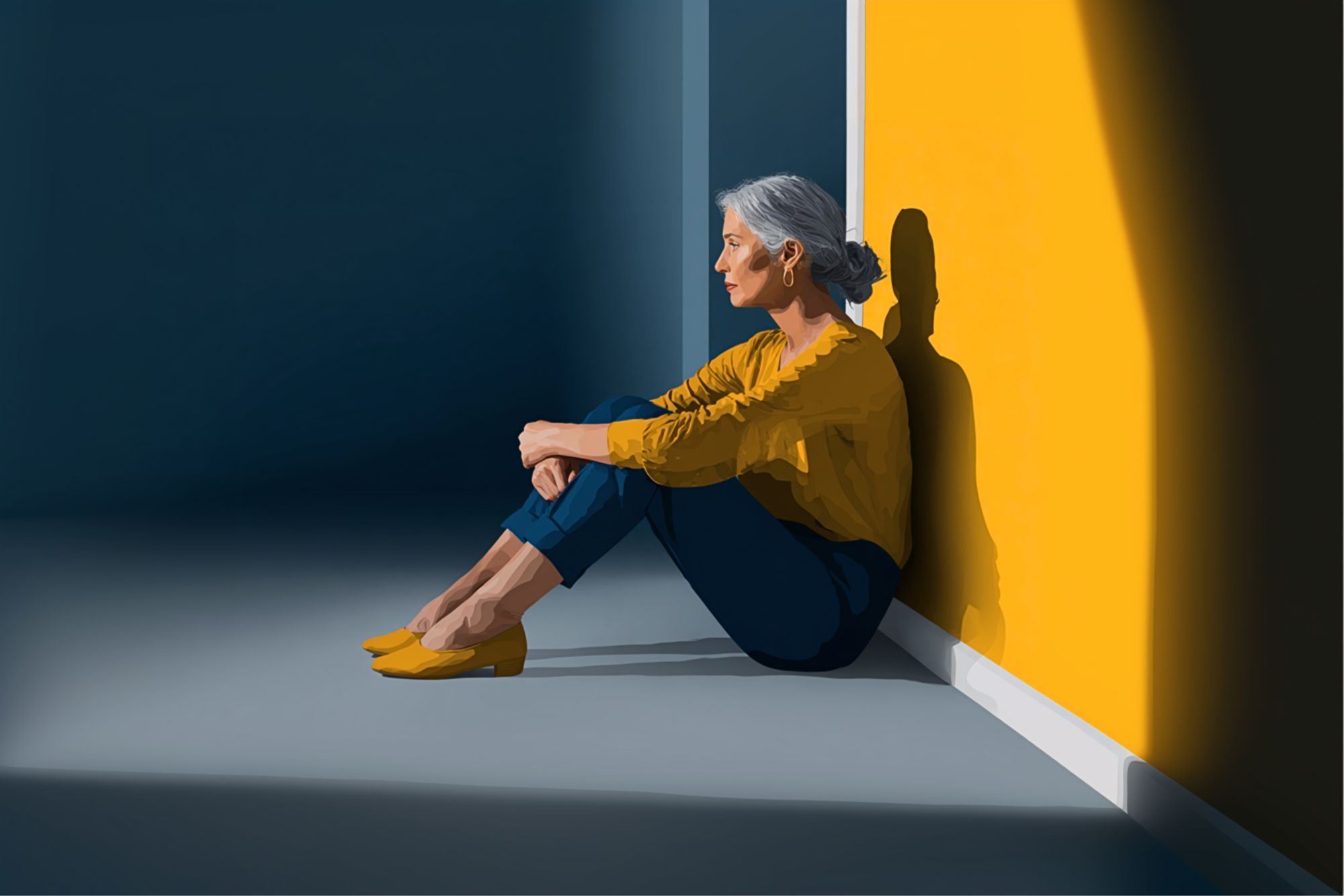 A woman with gray hair sits on the floor against a yellow wall, hugging her knees and looking thoughtful. She wears a yellow blouse, blue pants, and yellow shoes. Sunlight casts her shadow on the wall.