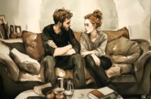 A man and woman sit closely on a couch, facing each other and talking seriously. The room is cozy, with books, a coffee pot, cups, and snacks on the table in front of them. The scene has a warm, sketch-like style.