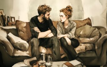 A man and woman sit closely on a couch, facing each other and talking seriously. The room is cozy, with books, a coffee pot, cups, and snacks on the table in front of them. The scene has a warm, sketch-like style.
