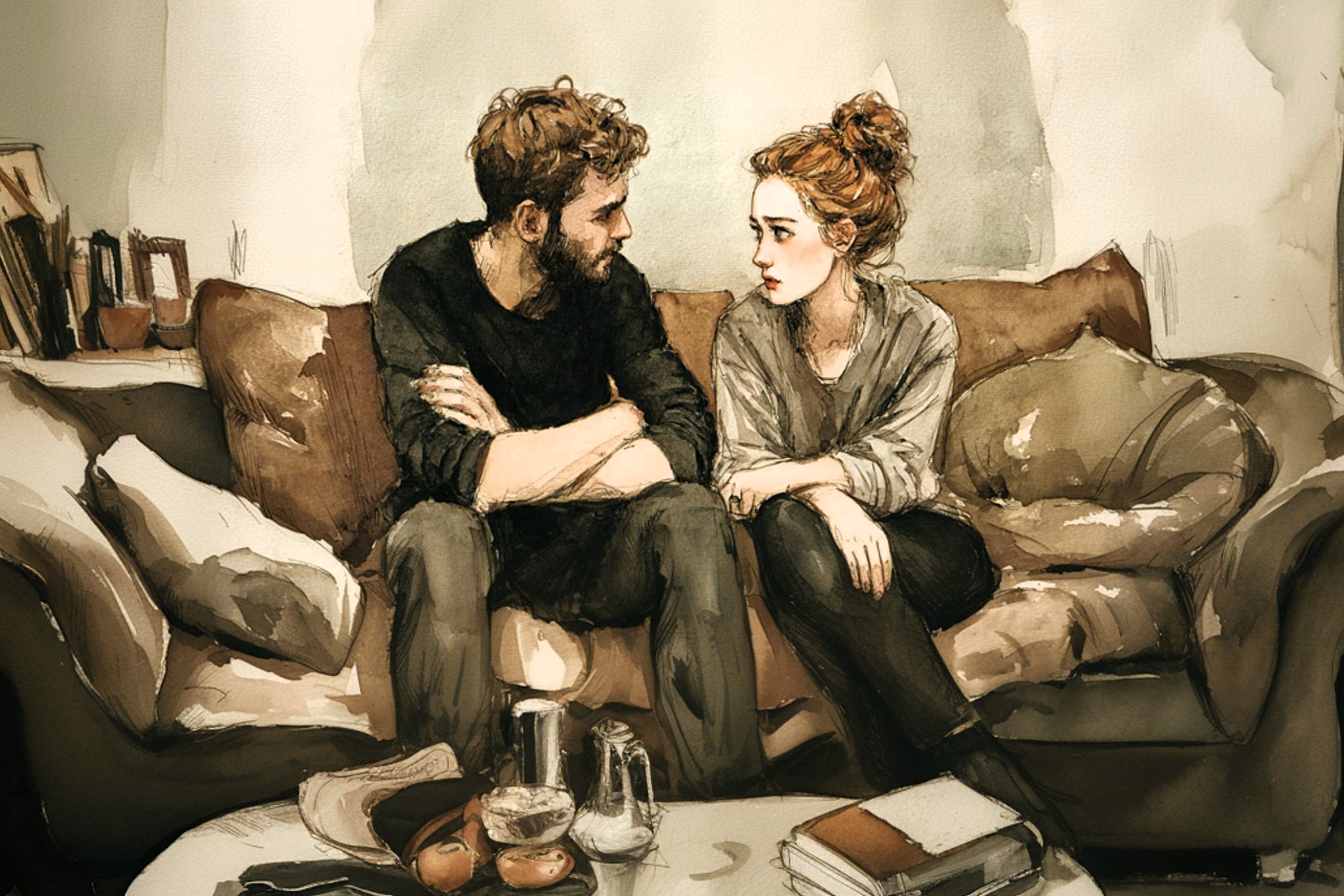 A man and woman sit closely on a couch, facing each other and talking seriously. The room is cozy, with books, a coffee pot, cups, and snacks on the table in front of them. The scene has a warm, sketch-like style.