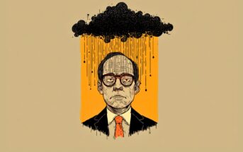 An illustration of a serious man in a suit and red tie, standing under a dark rain cloud with heavy raindrops falling only on him, set against a plain tan background.