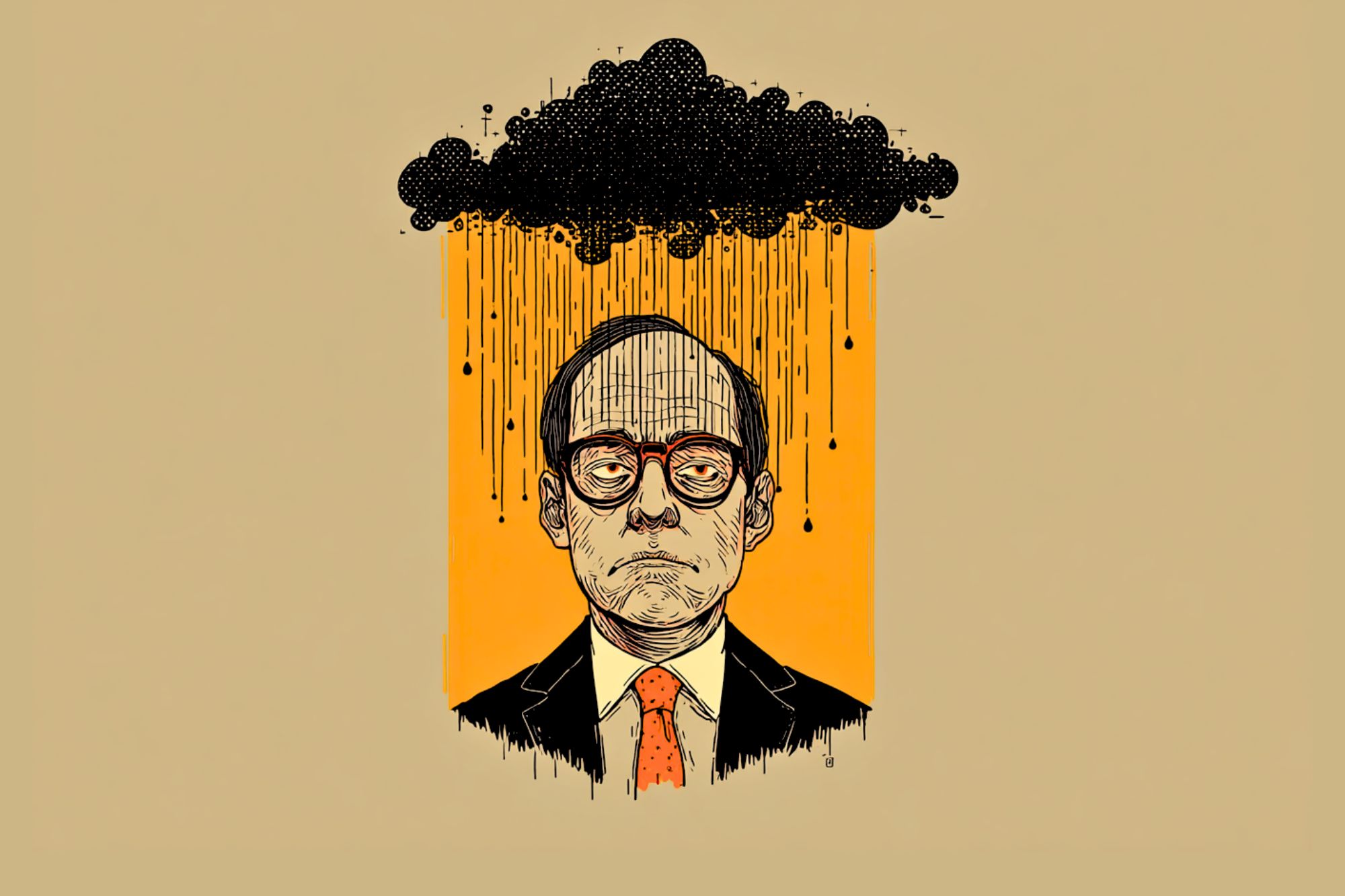 An illustration of a serious man in a suit and red tie, standing under a dark rain cloud with heavy raindrops falling only on him, set against a plain tan background.