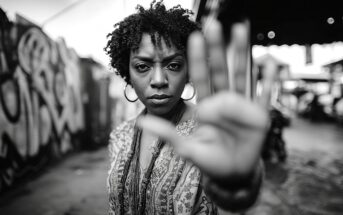 A woman with curly hair and hoop earrings stands outdoors in an urban setting, holding her hand up toward the camera in a stop gesture. The image is black and white, and her expression is serious.