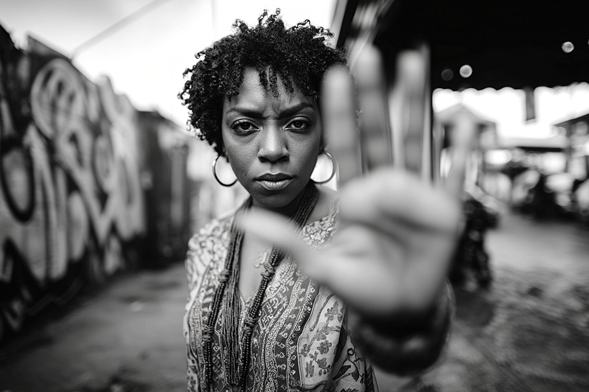 A woman with curly hair and hoop earrings stands outdoors in an urban setting, holding her hand up toward the camera in a stop gesture. The image is black and white, and her expression is serious.
