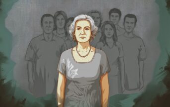 An illustrated older woman with white hair and a neutral expression stands in front of a group of men and women, who are faded into the background. The scene has a muted, artistic color palette.
