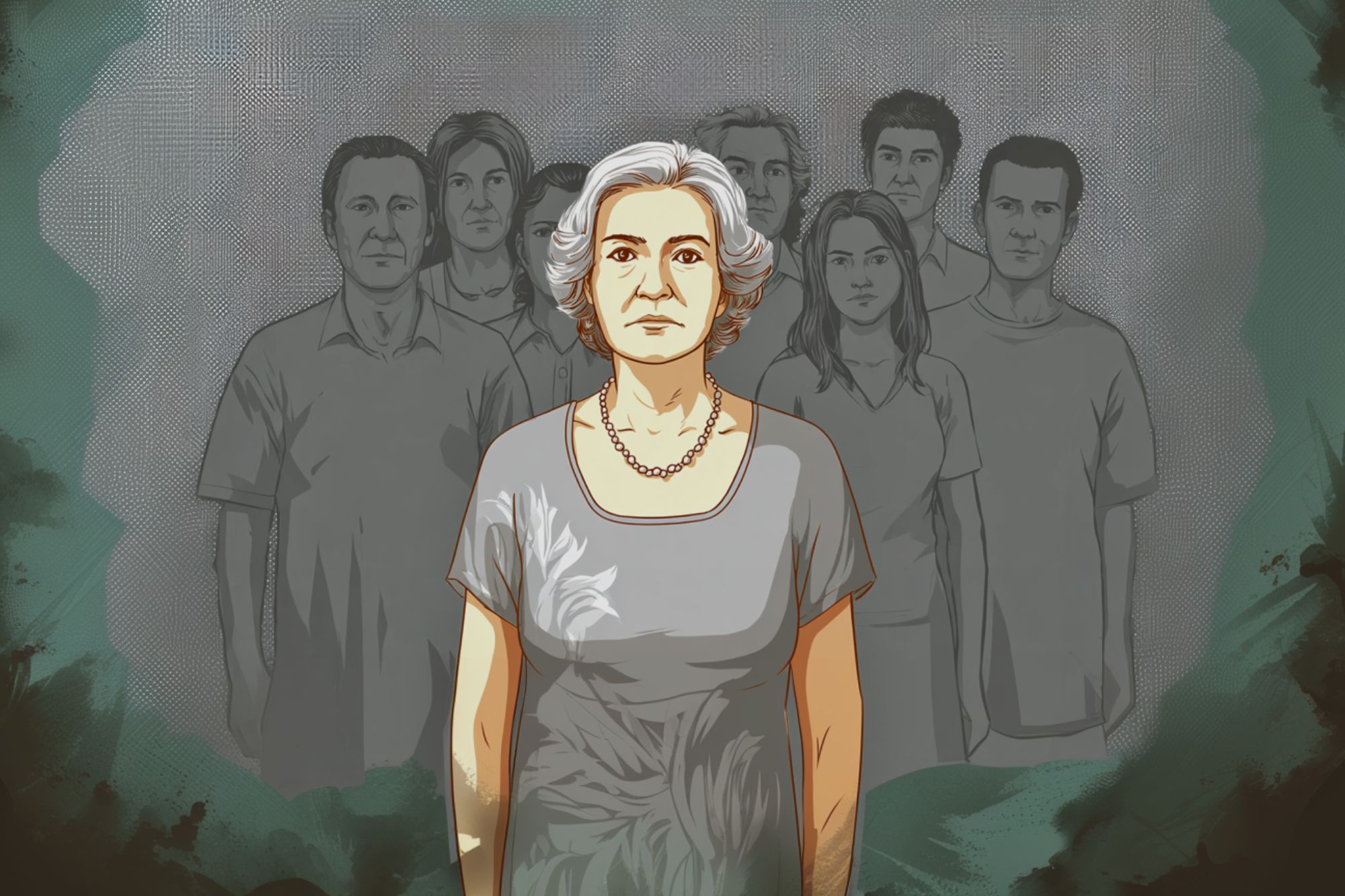 An illustrated older woman with white hair and a neutral expression stands in front of a group of men and women, who are faded into the background. The scene has a muted, artistic color palette.