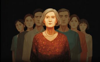 An older woman with gray hair and a red floral dress stands solemnly in front of six younger people against a dark background, all looking forward with serious expressions.