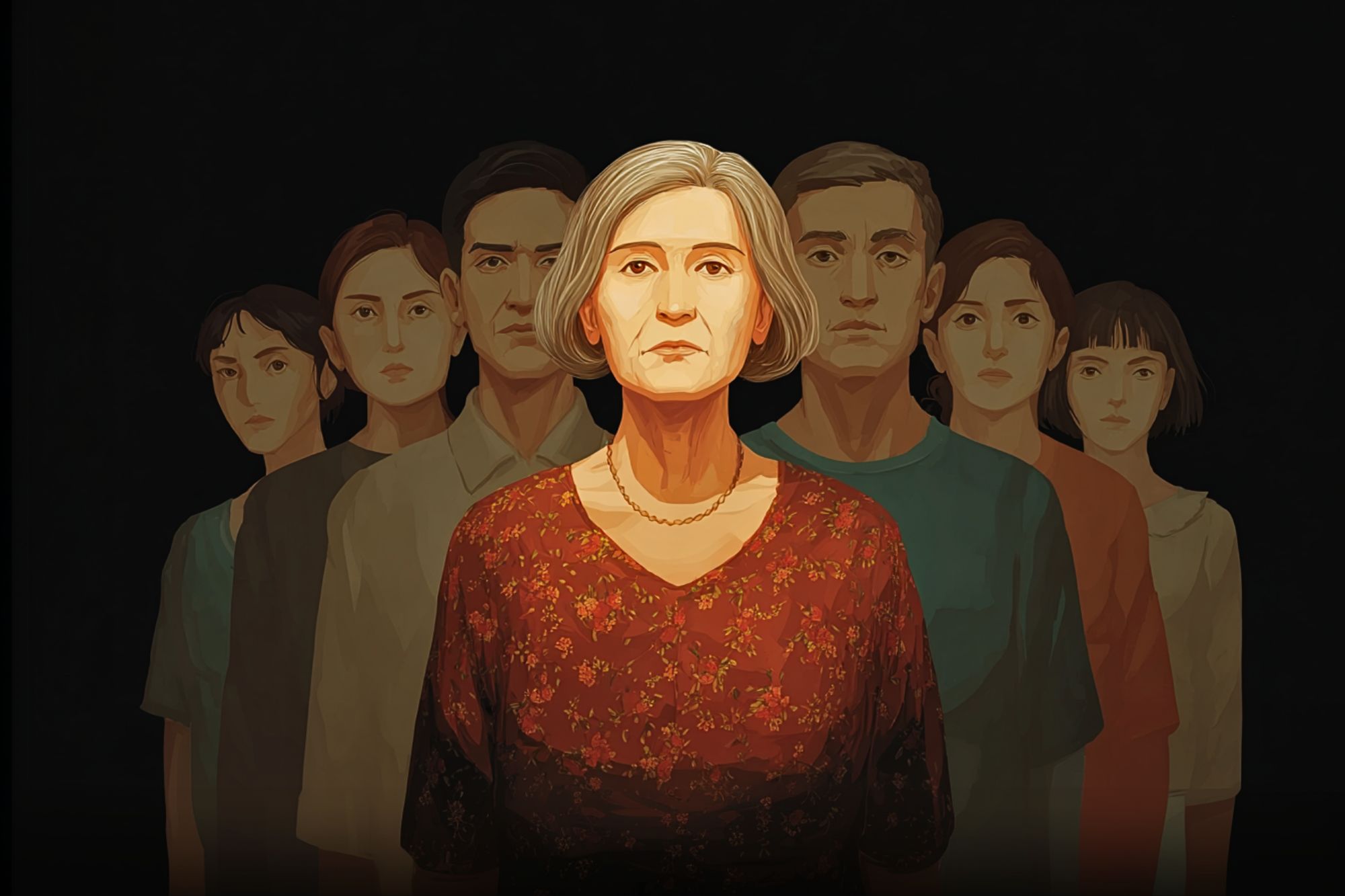 An older woman with gray hair and a red floral dress stands solemnly in front of six younger people against a dark background, all looking forward with serious expressions.