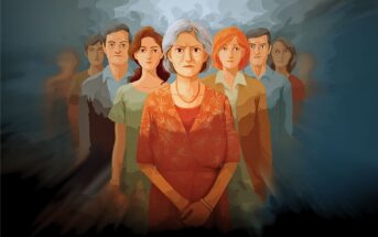 An older woman with gray hair stands in front of a group of serious-looking adults, all facing forward, against a dark, blurred background. The image has a painted, dramatic style.