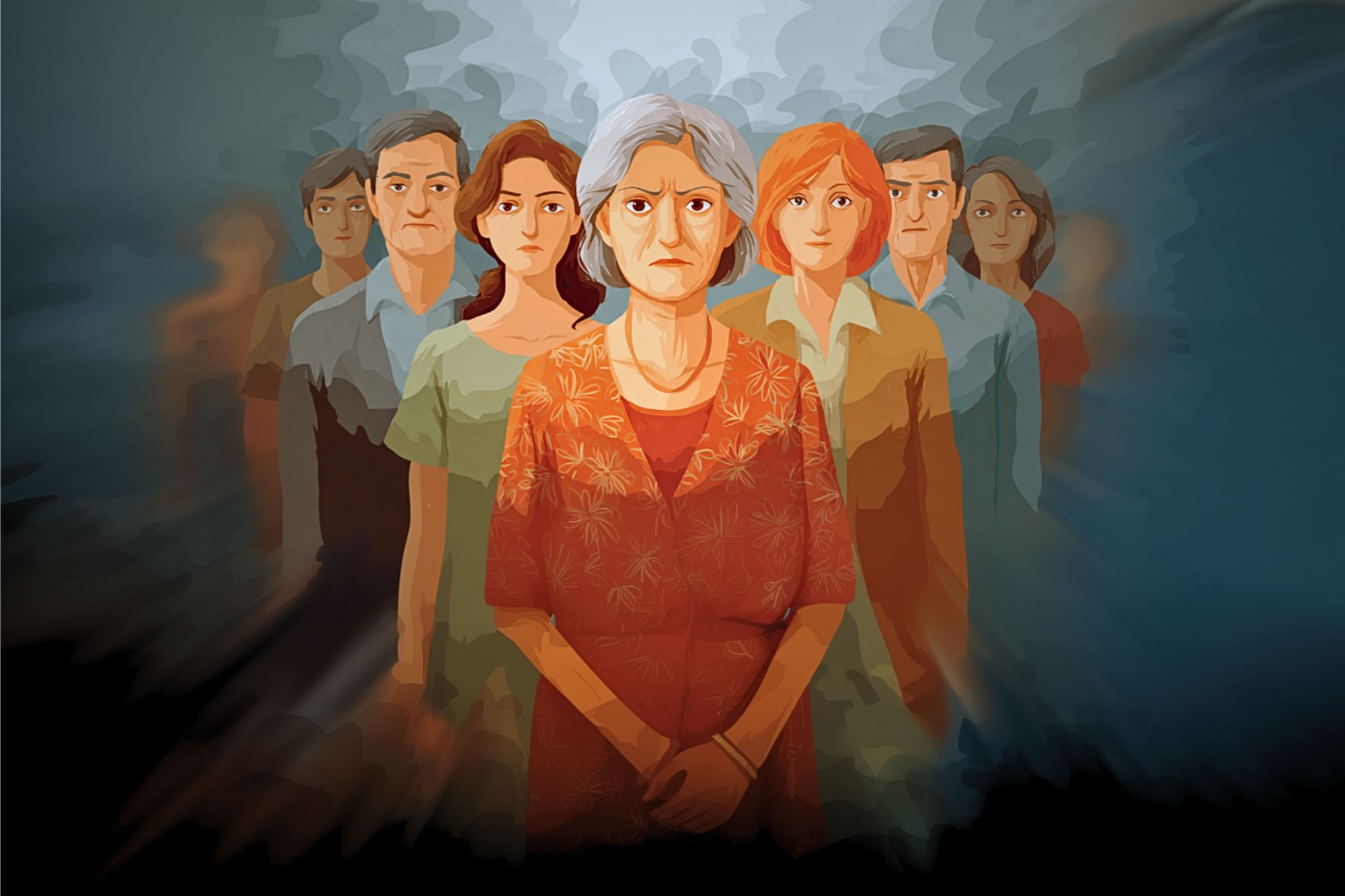 An older woman with gray hair stands in front of a group of serious-looking adults, all facing forward, against a dark, blurred background. The image has a painted, dramatic style.