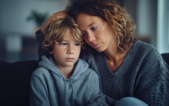 A woman sits closely with a young boy, gently resting her hand on his head. Both appear thoughtful and concerned, sitting together on a couch in a softly lit room.