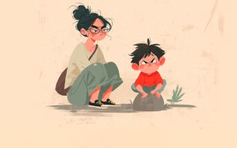 A cartoon woman and a young boy sit side by side, both with crossed arms and pouting, grumpy expressions. The woman is sitting on the ground; the boy sits on a rock, both looking annoyed.