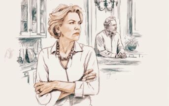 A woman with crossed arms looks upset in the foreground, while a man stands in the background by a kitchen counter, both facing away from each other, suggesting tension or disagreement. The scene is drawn in sketch style.