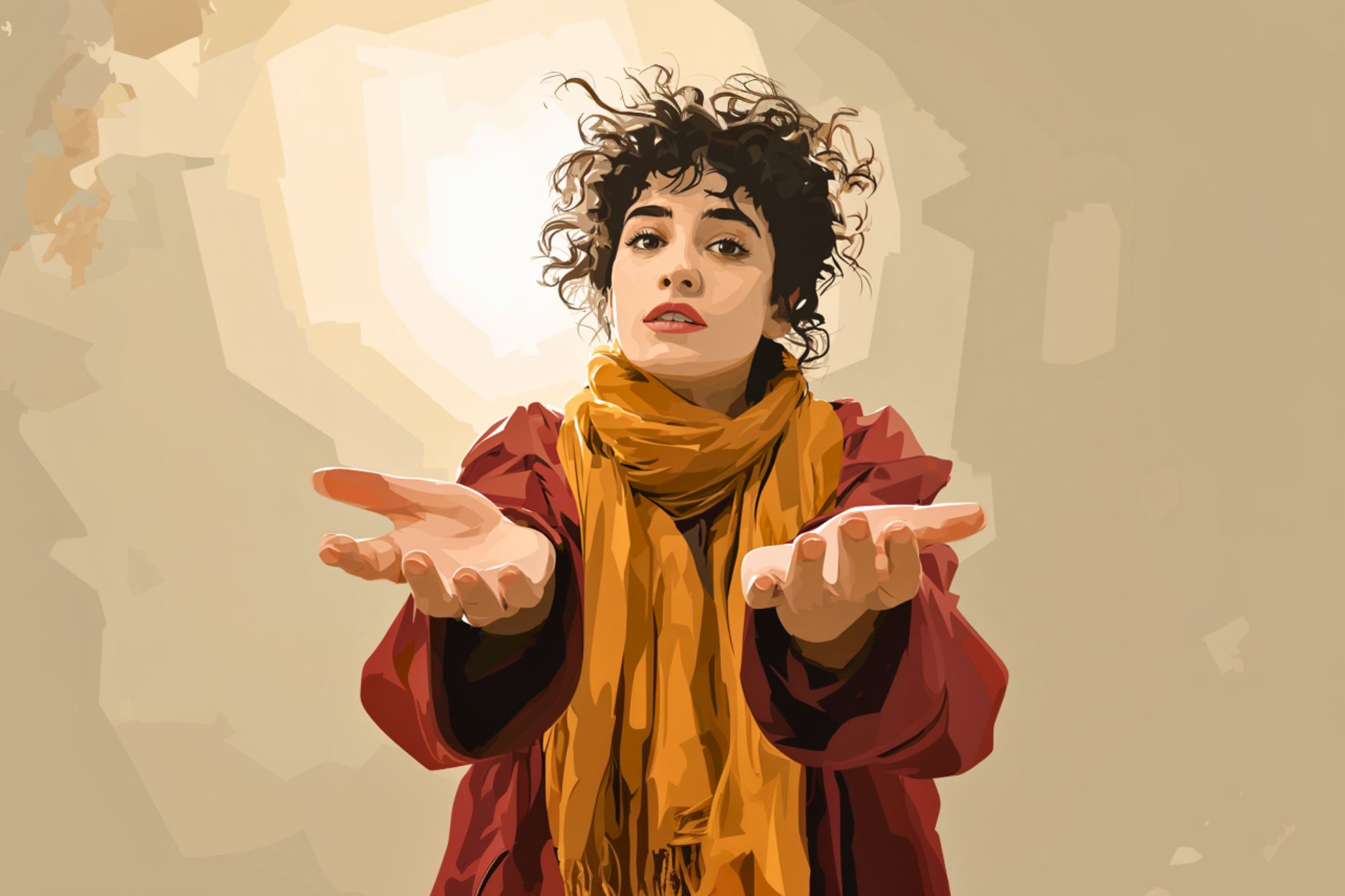 A person with curly hair, wearing a red coat and mustard yellow scarf, stands with arms outstretched and palms open, looking directly ahead against a neutral background.
