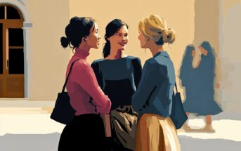 Three women stand together outdoors, smiling and talking. They are stylishly dressed and appear friendly. In the background, two more women walk by a light-colored building with large doors and windows.