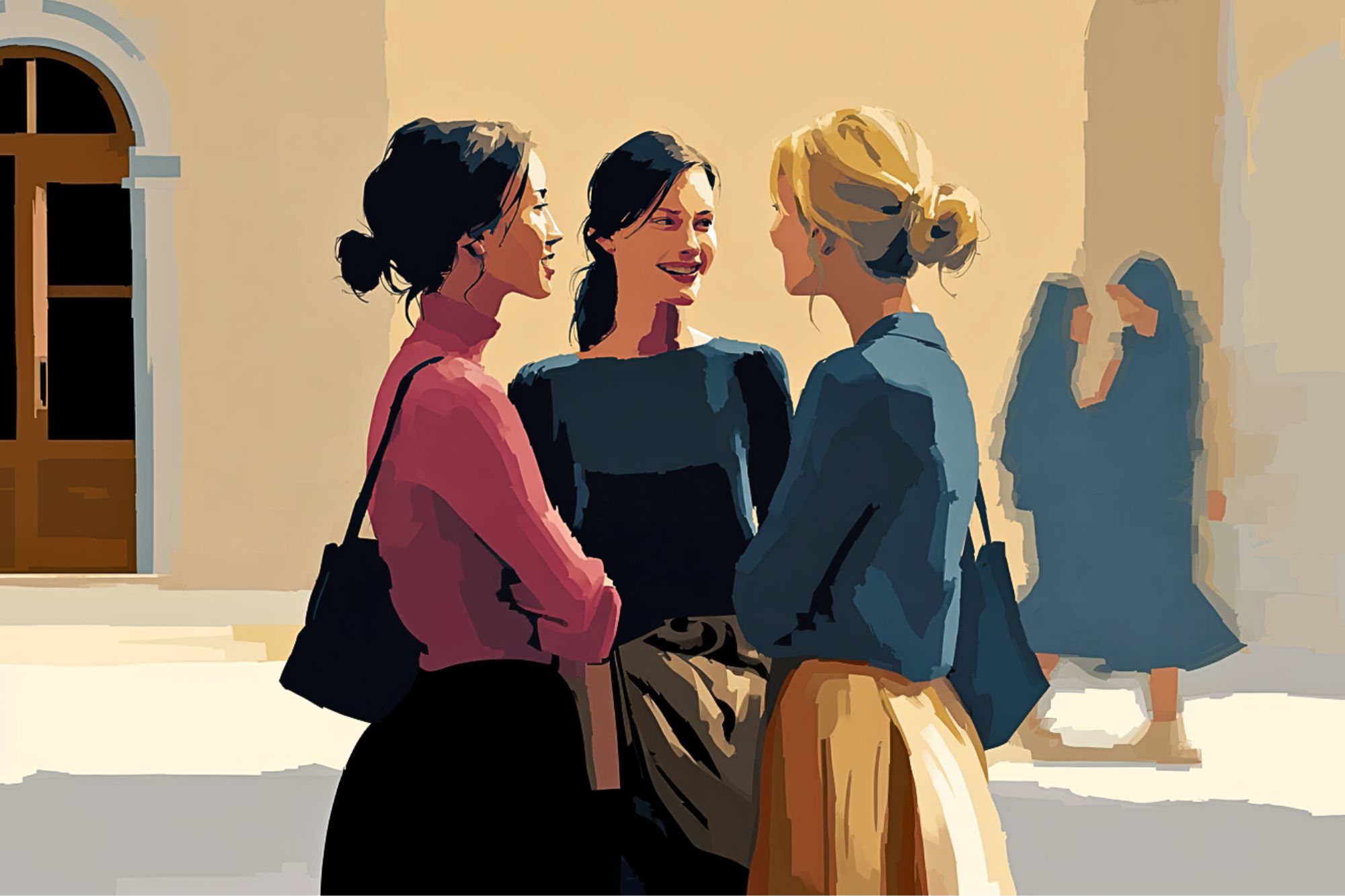 Three women stand together outdoors, smiling and talking. They are stylishly dressed and appear friendly. In the background, two more women walk by a light-colored building with large doors and windows.